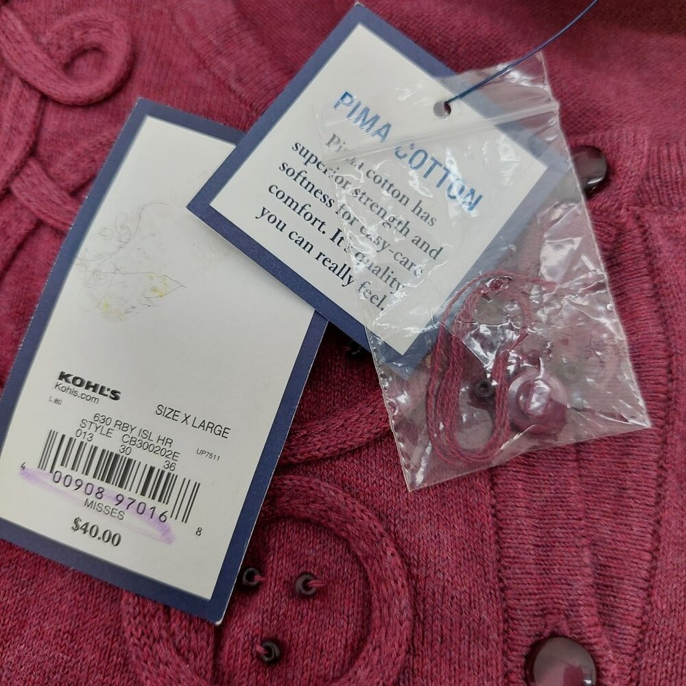Croft & Barrow Women's XL Cardigan Wine Red Pima Cotton Embellished Neckline NWT - Picture 6 of 8